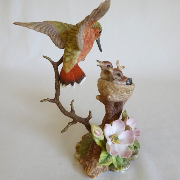 1995 ALLEN’S HUMMINGBIRD & BABIES WITH NOOTKA ROSE PORCELAIN BRONZE FIGURE USED - Picture 3 of 14